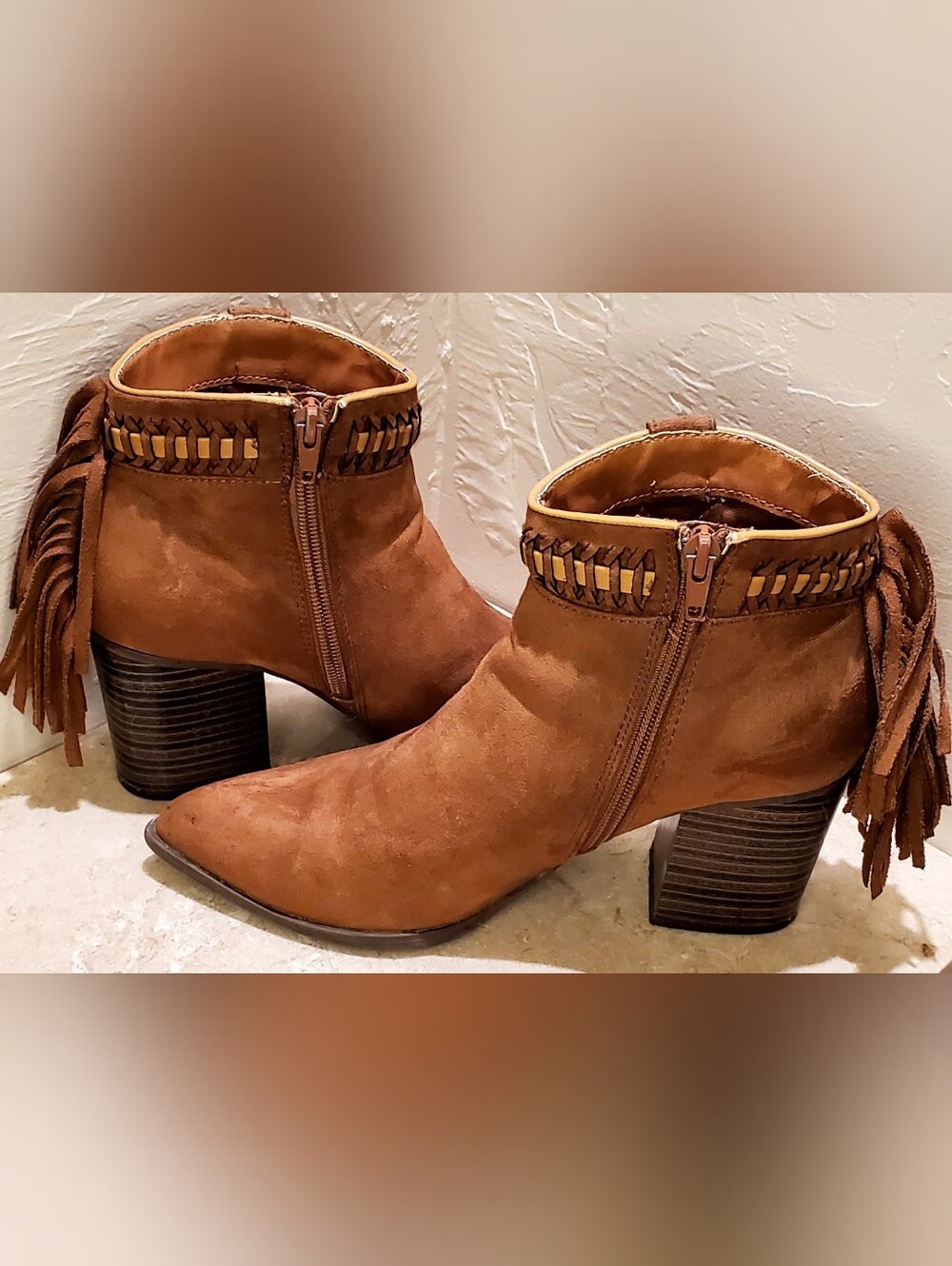 Qupid Tan Suede Fringe Ankle Boots with Block Heel Size 7.5